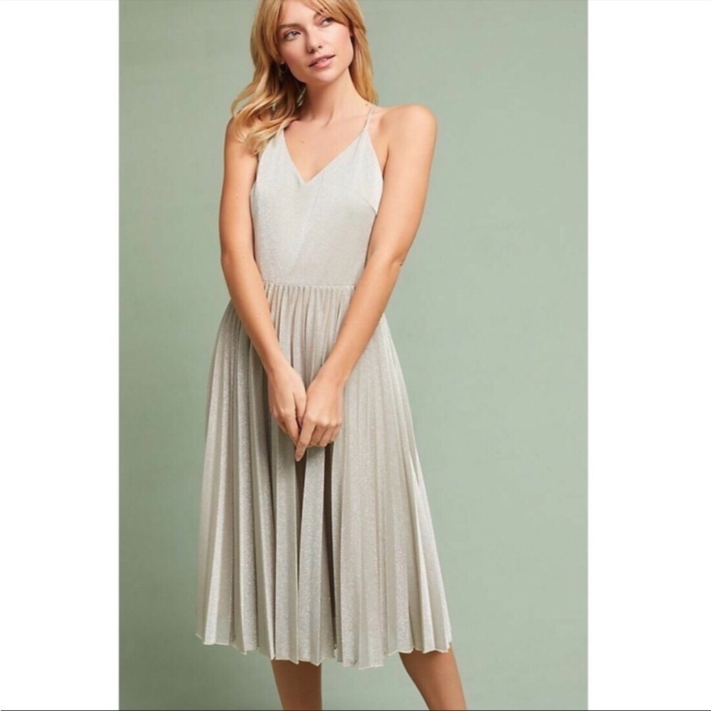 Anthropologie Elevenses Lunar silver sparkle pleated midi dress